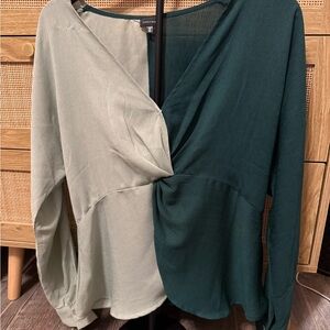 Buckle Split-Tone Twist Front Blouse - Dark Green & Sage